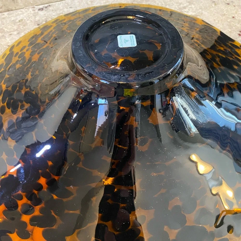 Hand Blown‎ Art Glass ~Table Platter~Tortoise Decor, Spotted Amber.14”